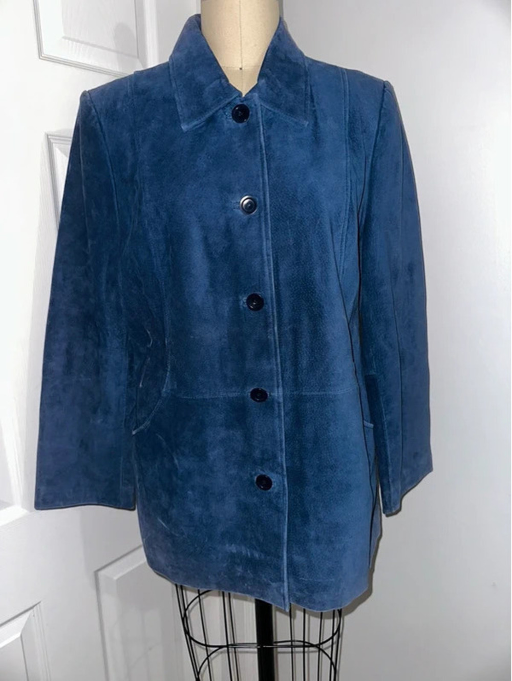 Vintage Bernardo Blue 90s Y2K Suede Leather Coat L